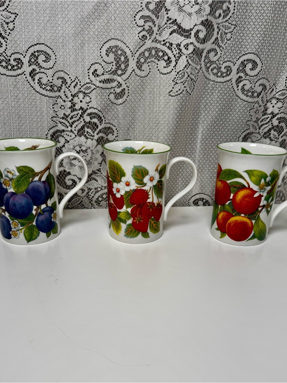 Vintage Crown Trent England Bone China Fruit Mugs. Plum,Strawberry,Orange Lot